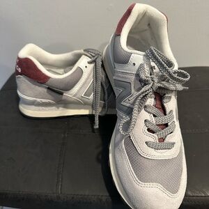 New Balance 574 Gray and Burgundy Sneakers